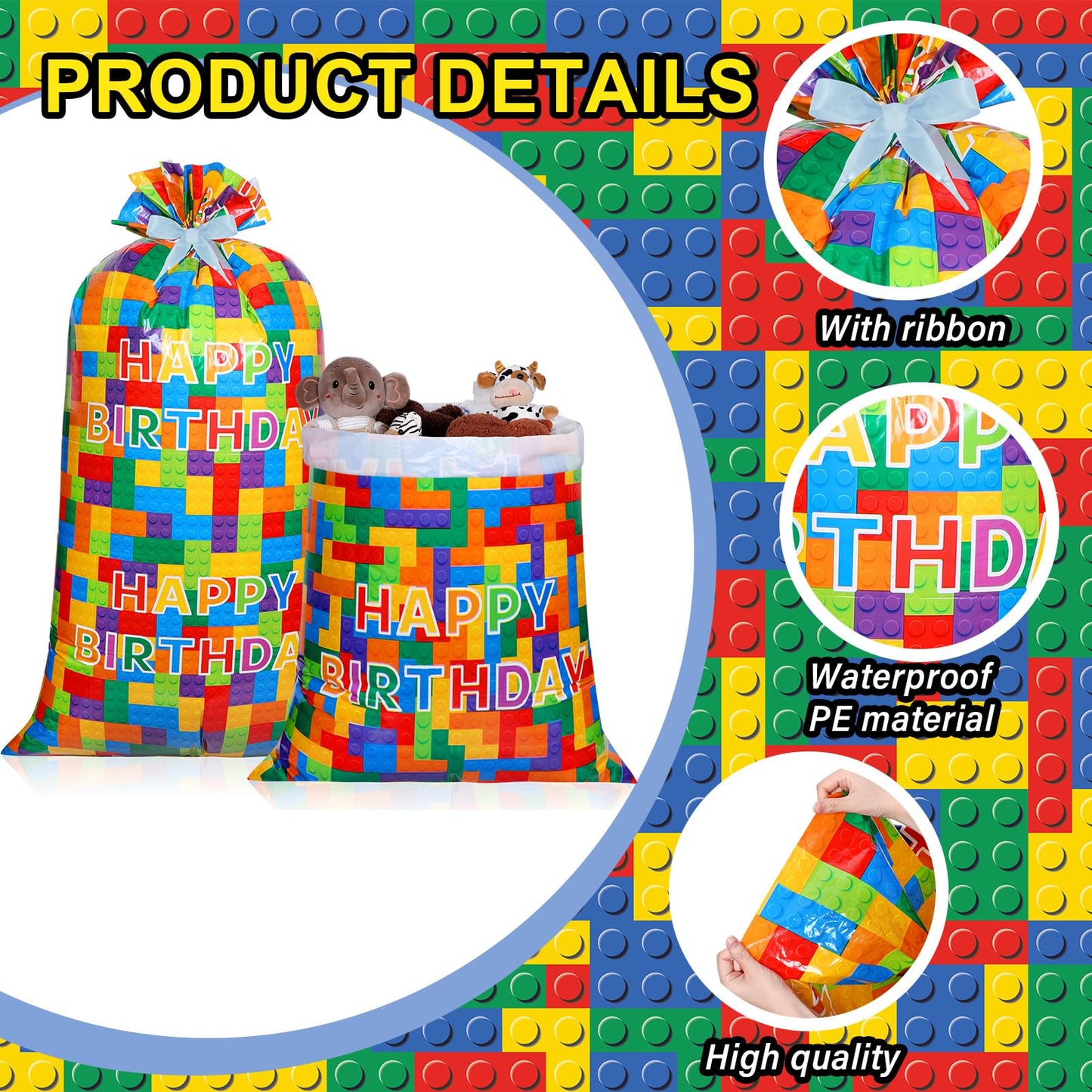 Ctosree 2 Pcs 70" x 40" Extra Large Jumbo Gift Bag Building Block Plastic Giant Gift Bags Oversized Gift Wrapping Bags with 2 Rolls Ribbons for Birthday Party Baby Shower Favor Holiday Supplies