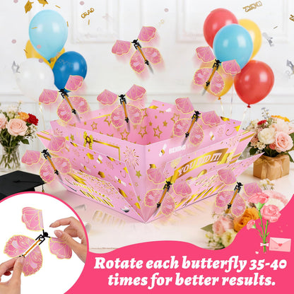 Graduation Gift Boxes 2026, Surprise Gift Box Explosion with 8 Pcs Flying Butterfly Photo DIY, Graduation Box 2026 Exploding Gift Box for High School College Graduate Party Decoration (Pink & Glod )