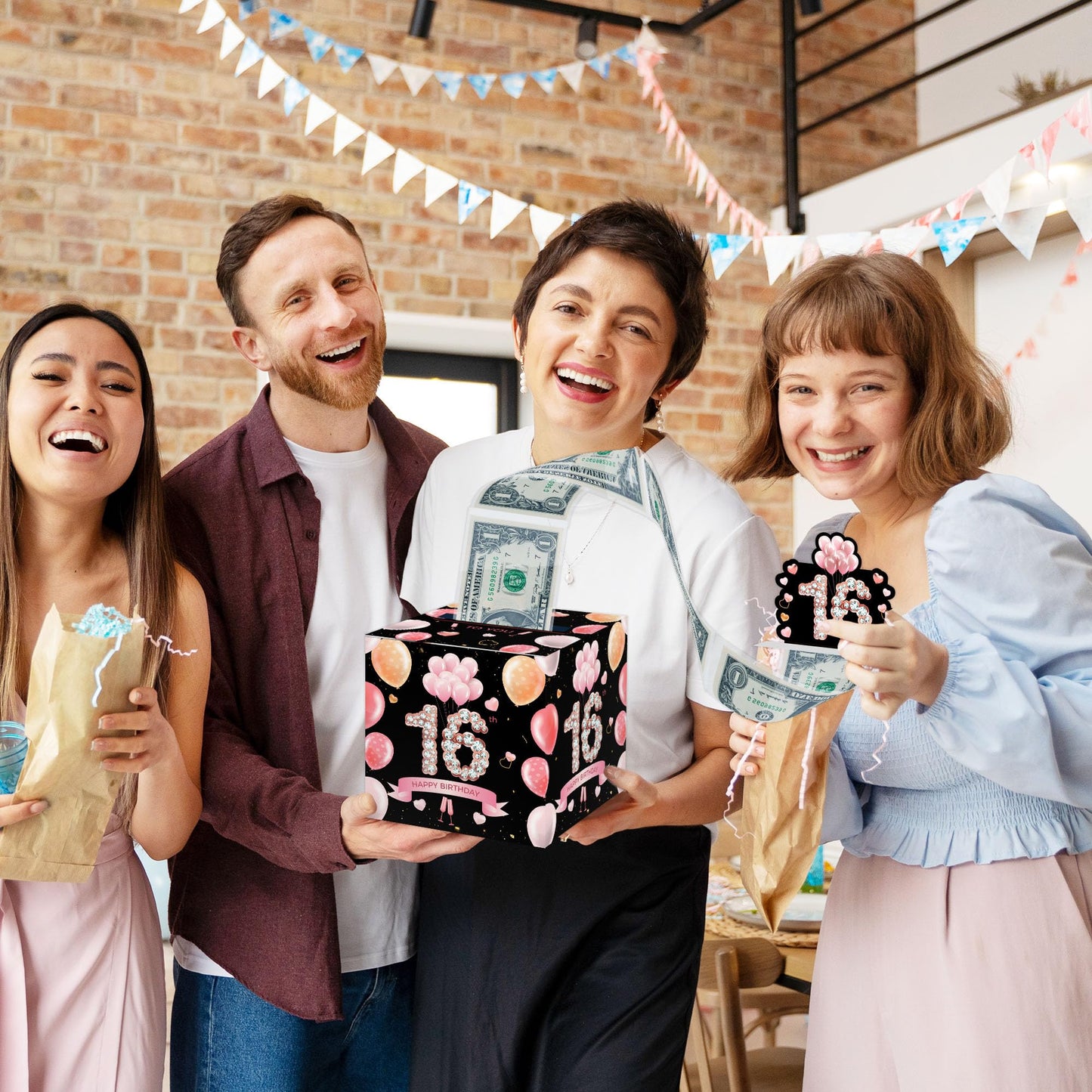 Happy 16th Birthday Money Box for Cash Gift, Pink Gold Surprise Birthday Gift Set, Birthday Surprise Box for Kids Boys Girls, - Fun and Loving Way to Offer Cash Gift(with 35PCS Bags)
