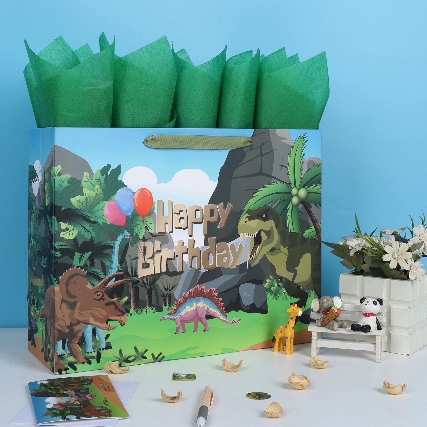 16.5'' Extra Large Dinosaur Birthday Gift Bag Set with Handles, Greeting Card, Black Tissue Papers and Stickers for Boys Kids Teens, Dinosaur Design, 1 Pcs