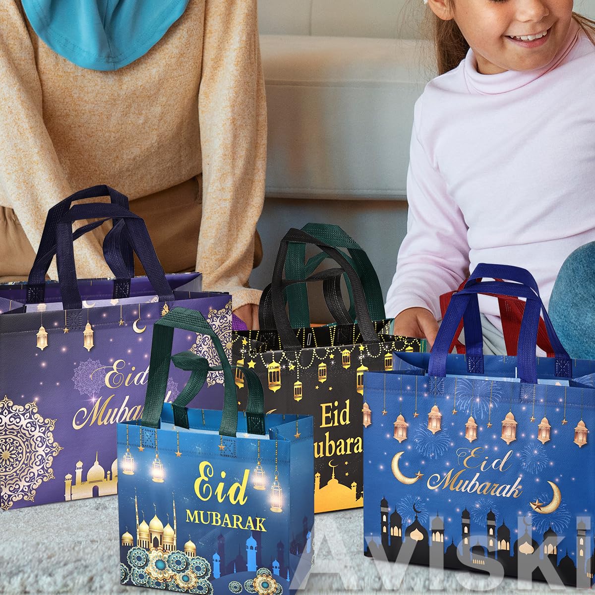 Aviski 4PCS Eid Mubarak Reusable Gift Bags, Treat Bags with Handles, Eid Mubarak Party Bags, Multifunctional Non-Woven Eid Bags for Gifts Wrapping, Party Supplies