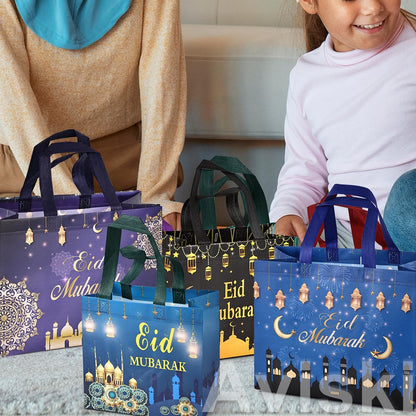Aviski 4PCS Eid Mubarak Reusable Gift Bags, Treat Bags with Handles, Eid Mubarak Party Bags, Multifunctional Non-Woven Eid Bags for Gifts Wrapping, Party Supplies