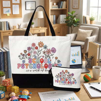 Paterr 2 Pcs School Psychologist Gifts for Women Canvas Tote Bag with Makeup Pouch Floral Reusable Grocery Bag for School Psych Counselor, Teacher Appreciation Gift