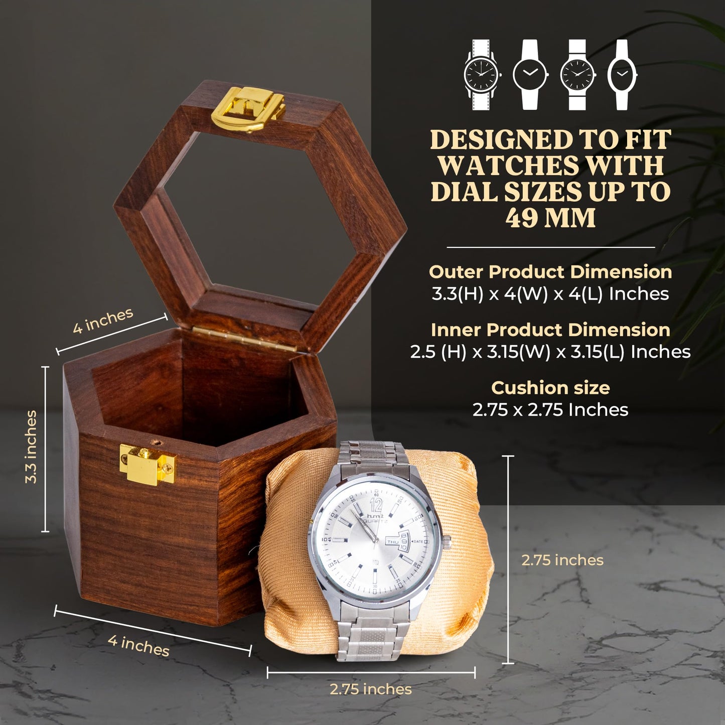 Wooden Watch Box for Men | Premium Cushion – Dark Rosewood Watch Organizer Case with Glass Display Lid, Single Slot Travel Watch Storage Box, Watch Holder Gift for Him