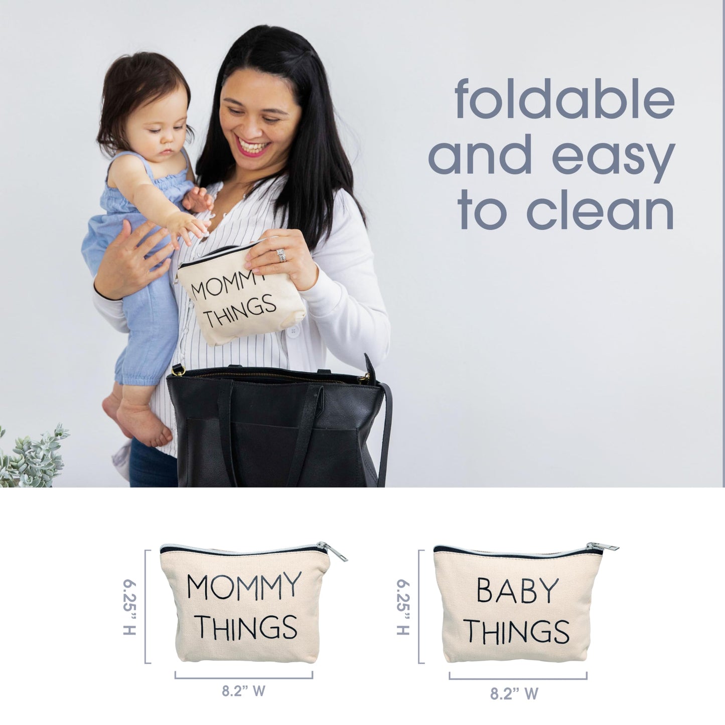 Pearhead Mommy and Baby Things Pouch Set, Canvas Zipper Organizer Bags for Diaper Bag and Travel, Cosmetic and Makeup Bag for Mom