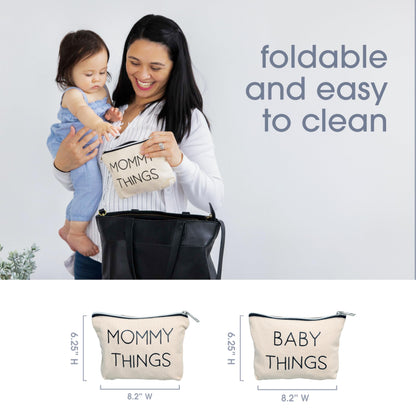 Pearhead Mommy and Baby Things Pouch Set, Canvas Zipper Organizer Bags for Diaper Bag and Travel, Cosmetic and Makeup Bag for Mom