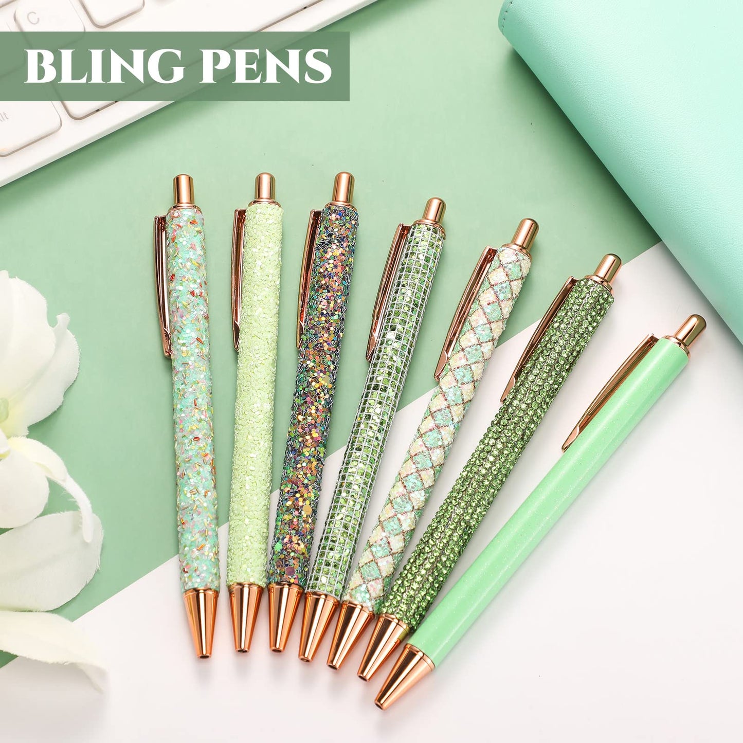 Sherr 7 Pcs Fancy Pens for Women Cute Sparkly Glitter Pens with 10 Pcs Black Ink Refills Pretty Gifts for Girls Office School Christmas Graduation(Fresh)