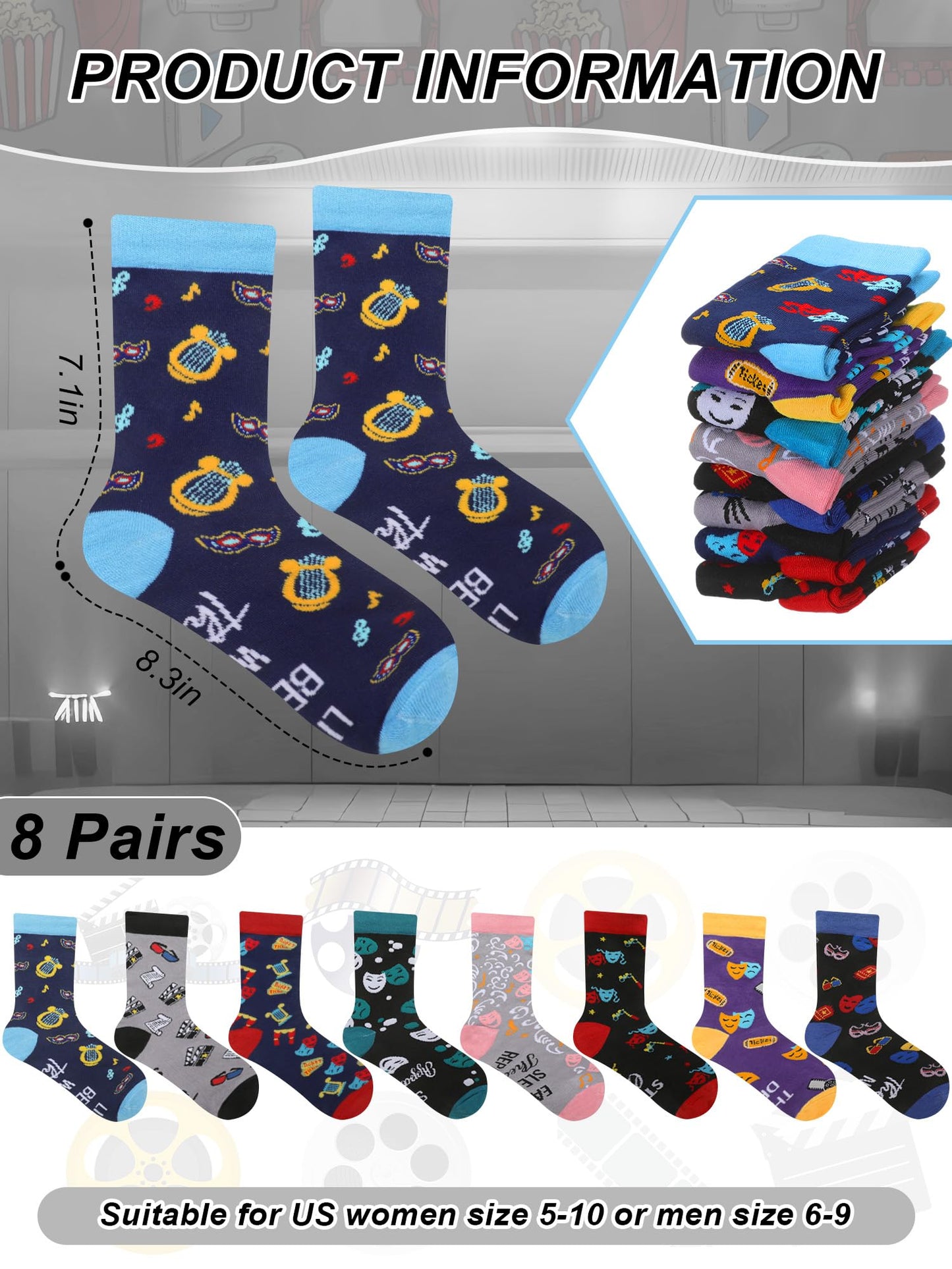 8 Pairs Funny Theater Socks Gifts for Men Women Novelty Drama Broadway Casual Crew Socks Theater Lover Gifts for Birthday Christmas
