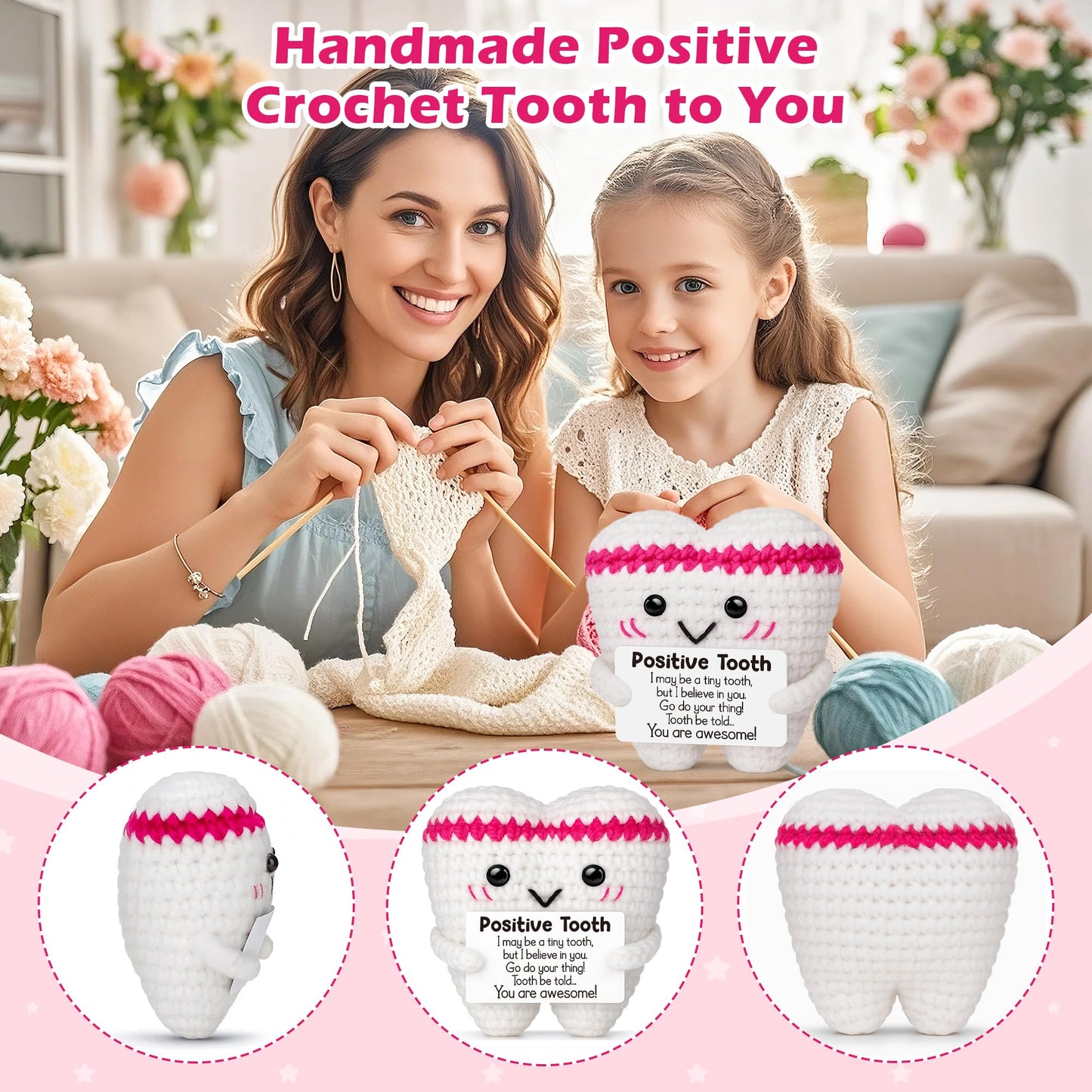 Crochet Teeth Gift for Fathers Day from Daughter Son Wife,Positive Handamde Retirement Gift for Nurse Adults Teens Girl Boy,Dad Birthday Graduation Gifts for Teacher Student Her Daughter Friend Sister