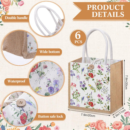 Gilprop 6 Pack Spring Wildflowers Burlap Gift Bags with Handle Button Reusable Jute Tote Bags Flowers Double Sided Tote for Party Wedding Bridesmaid Travel Home Decor 7.9 x 7.9 Inch(Classic)