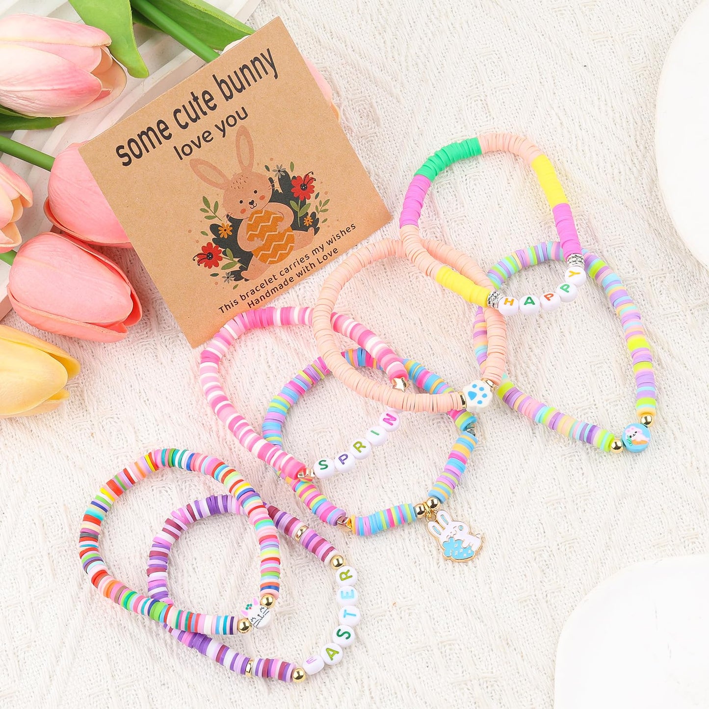 7Pcs Easter Bunny Basket Gifts Bracelet, Easter Gifts for Girls Women Stackable Boho Clay Party Elastic Stretch Bracelets
