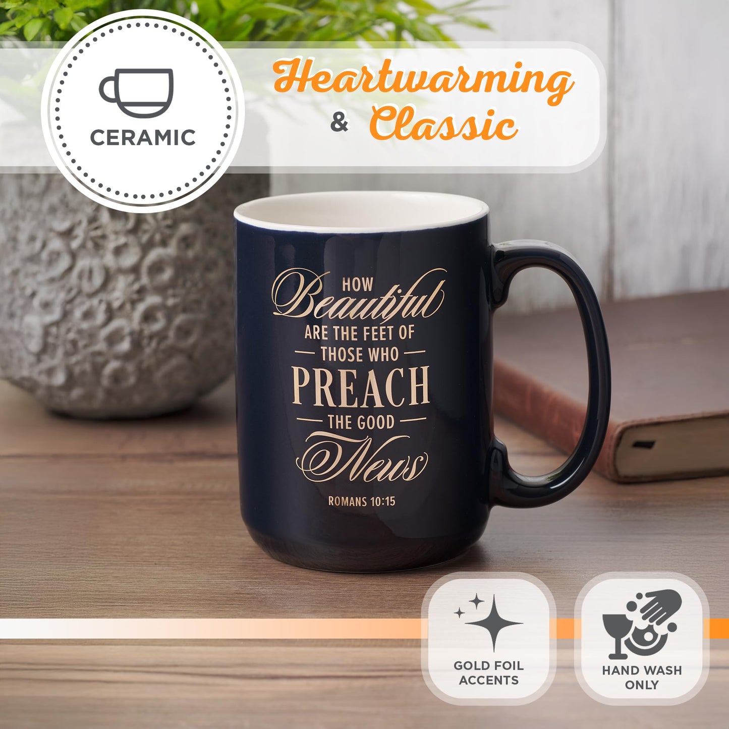 Christian Art Gifts Large Matted Ceramic Coffee & Tea Mug for Pastors: Preach the Good News Golden Inspirational Scripture, Lead & Cadmium-free Sturdy Novelty Mens Drinkware, Navy Blue & White, 14 oz.