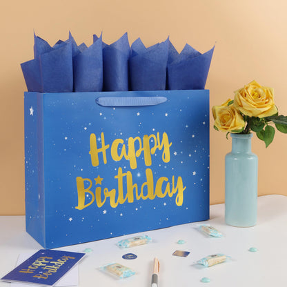 Qirrmiy 16.5” Extra Large Blue Happy Birthday Gift Bag Set with Handles, Greeting Card, Tissue Papers and Stickers for Men Boys Kids, Husband, Father, Stars Design, 1 Pcs