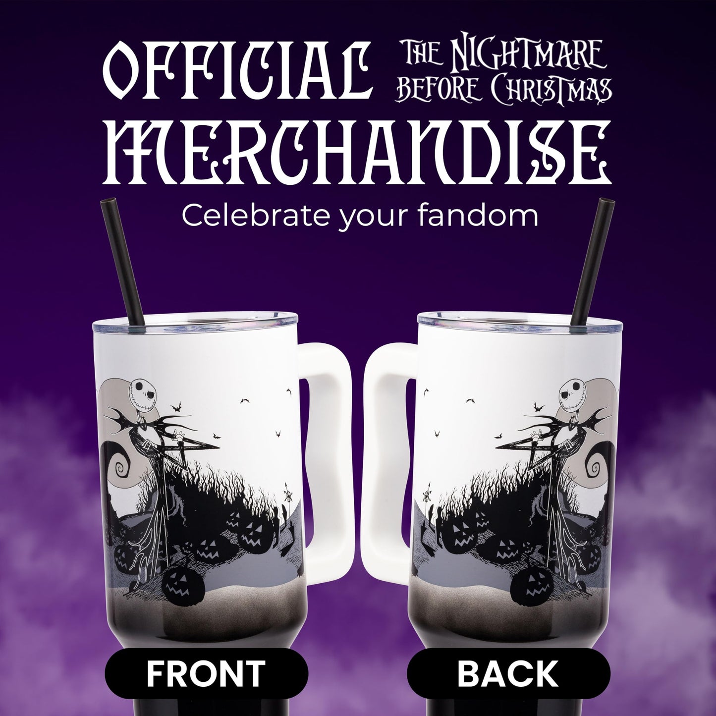 Silver Buffalo Disney Nightmare Before Christmas by Tim Burton Jack Skellington Hill and Moon Double Walled Stainless Steel Tumbler with Handle and Straw, Fits in Standard Cup Holder, 40 Ounces