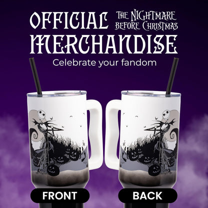 Silver Buffalo Disney Nightmare Before Christmas by Tim Burton Jack Skellington Hill and Moon Double Walled Stainless Steel Tumbler with Handle and Straw, Fits in Standard Cup Holder, 40 Ounces