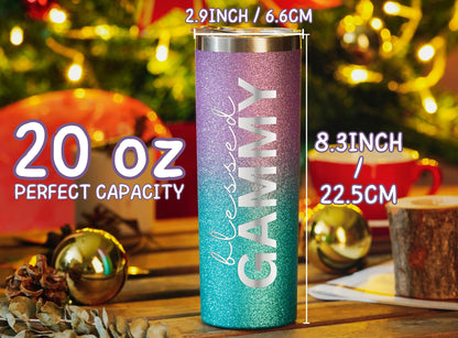Onebttl Gammy Gifts for Grandma's Mother's Day, 20oz Purple & Blue Glitter Skinny Tumbler, Straw & Lid Included, Christian Gifts for Blessed Gammy