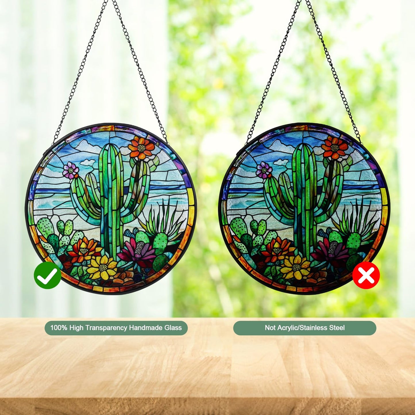 Cactus Stained Glass Window Hanging Suncatcher with Chain - 7.9" Arizona Outdoor/Indoor Art Decor for Home Garden, Thanksgiving, Wedding, Mother's, Valentine's & Christmas Ornaments Present