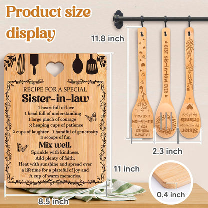Gifts for Sister in Law - "Recipe for a Special Sister-in-Law", Sister in Law Birthday Gifts Engraved Bamboo-Made Cutting Board Set, Mothers Day Gifts for Sister in Law.