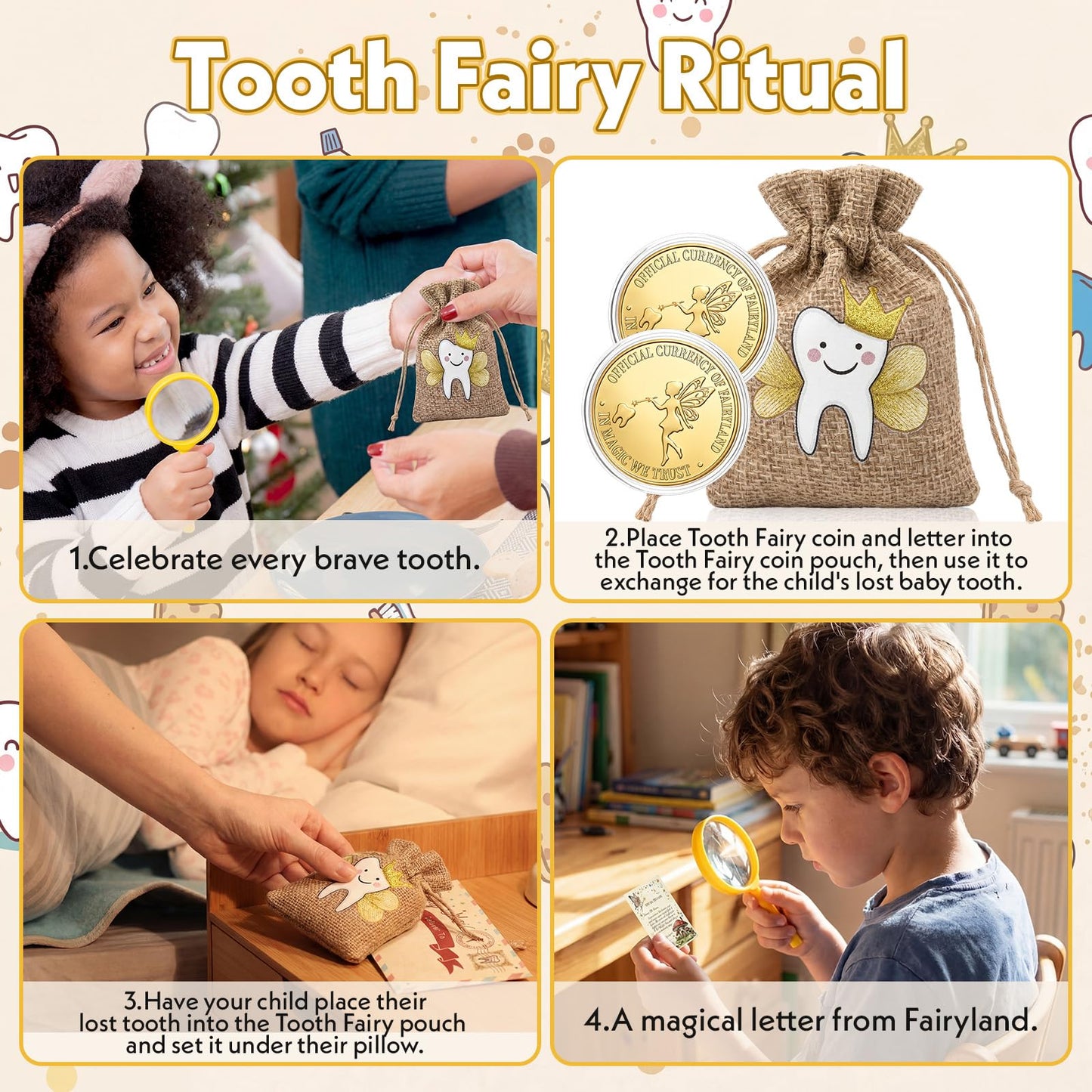 Kenning 25 Pcs Tooth Fairy Kit Gifts - Complete Lost Tooth Gift Set with Magical Letters, Gold Coin, Burlap Pouch, Envelope and Mini Magnifier, Keepsake for Lost Teeth