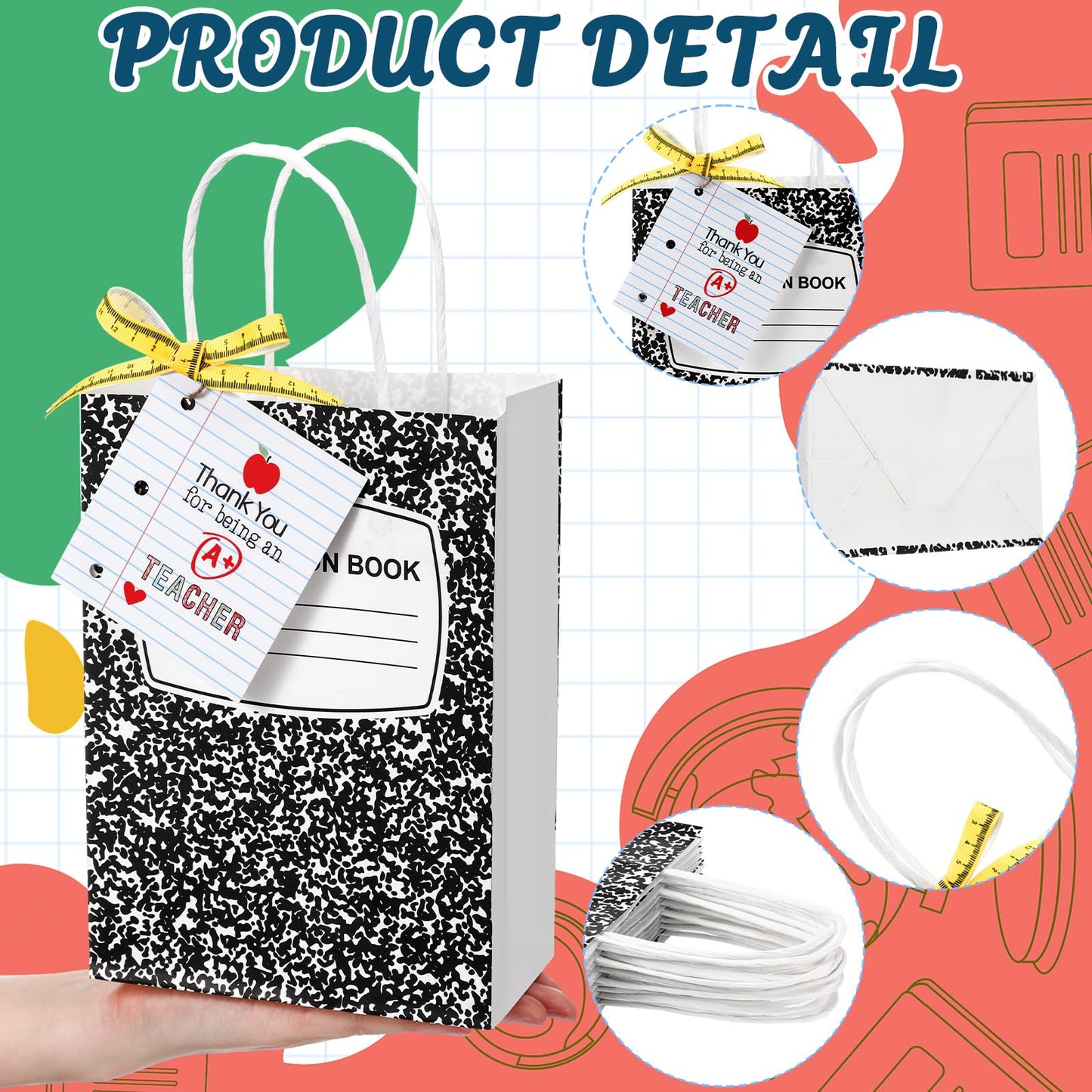 Gilprop 12 Pcs Teacher Appreciation Gift Bags with Paper Tag Thank You Teacher Gift Bags with Handle End of Year Gifts with Tape Measure Ribbon for Graduation Party Favor (Composition Book,Main black)