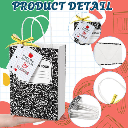 Gilprop 12 Pcs Teacher Appreciation Gift Bags with Paper Tag Thank You Teacher Gift Bags with Handle End of Year Gifts with Tape Measure Ribbon for Graduation Party Favor (Composition Book,Main black)