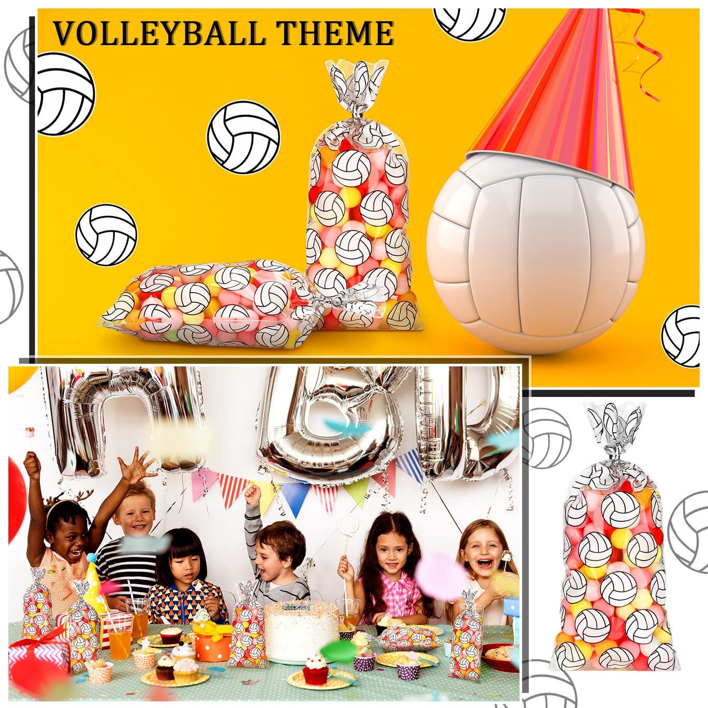 Outus 100 Pcs Volleyball Print Cellophane Bags Volleyball Party Treat Gifts Bags with 200 Pieces Twist Ties for Birthday Party Supplies Goody Favor