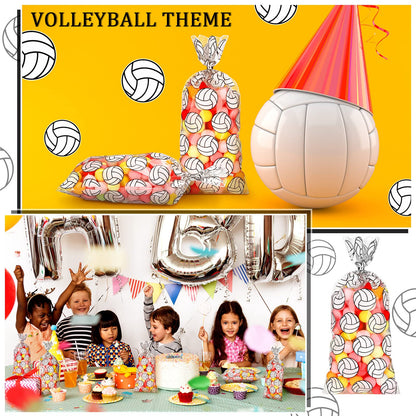 Outus 100 Pcs Volleyball Print Cellophane Bags Volleyball Party Treat Gifts Bags with 200 Pieces Twist Ties for Birthday Party Supplies Goody Favor