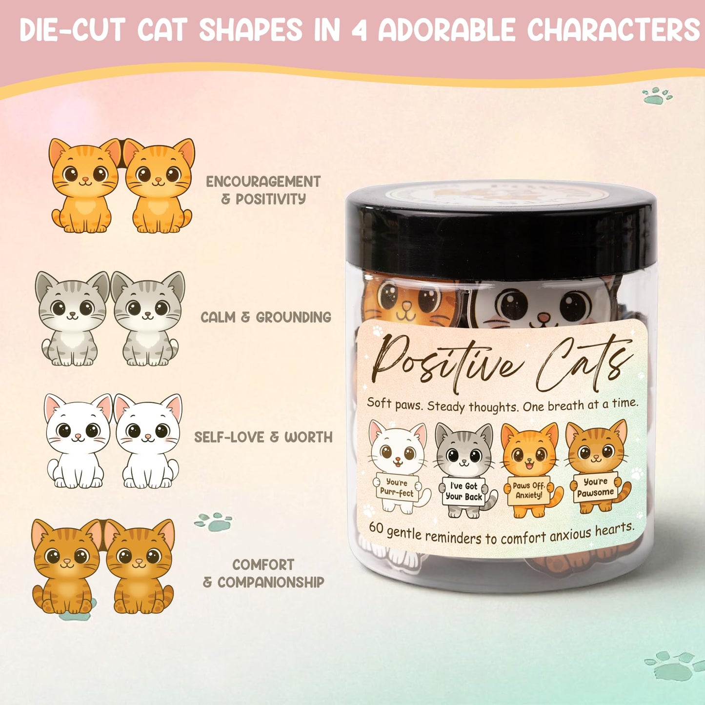 Miarita Positive Cats Jar – 60 Affirmation Cards for Anxiety & Self Care, Cat Mom Gifts For Women, Mothers Day Gifts For Cat Mom, Cat Themed Gift for Mom, Teens & Men, Kids, Coworkers