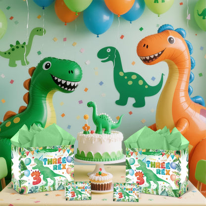 Peconal 3rd Birthday Gift Bag Dinosaur 3rd Birthday Party Decorations Three Rex Dinosaur Gift Wrapping Paper Bag with Tissue Paper for Boys Dino Age 3 Year Old Party Favors Supplies