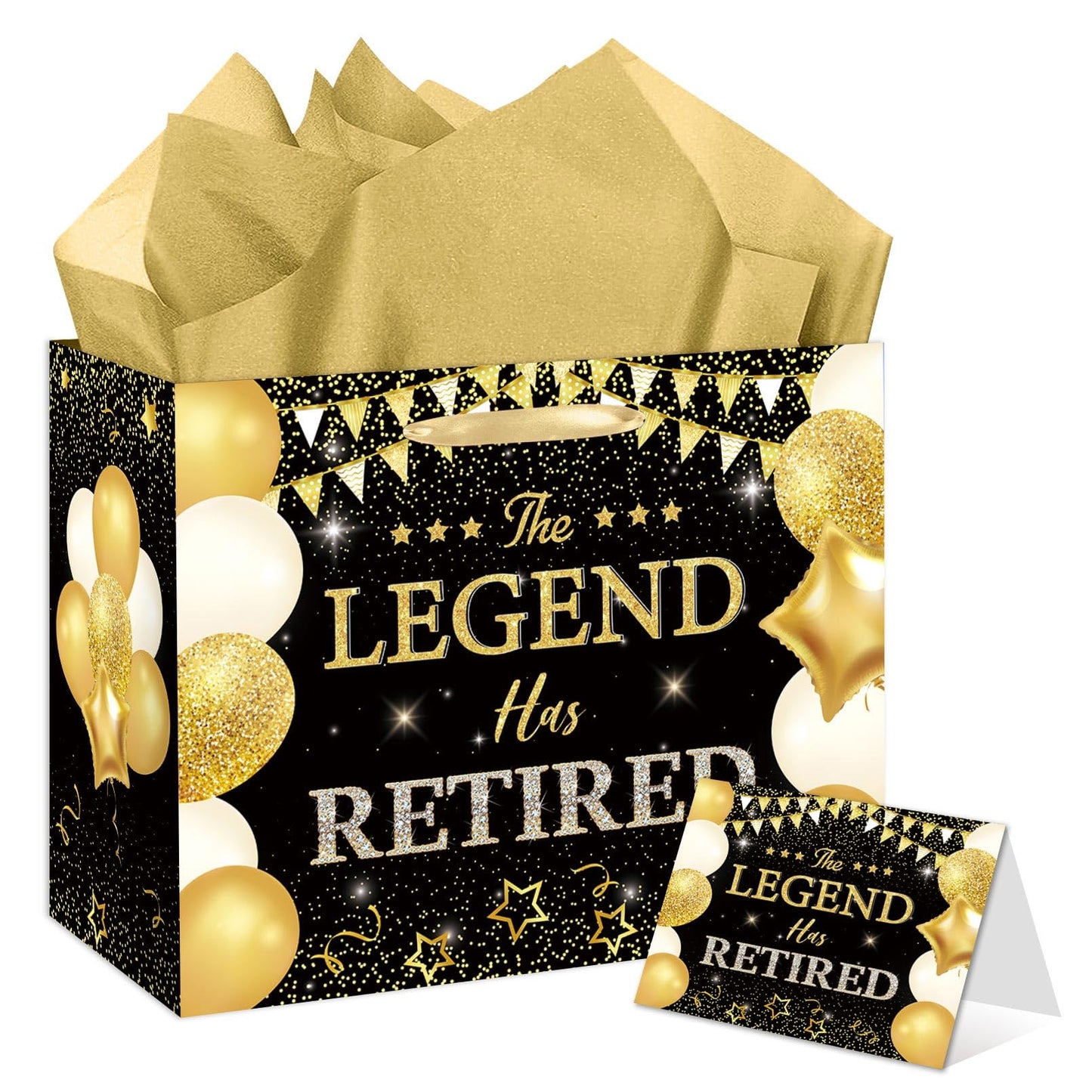 HSKMAKE Black Gold Retirement Gift Bag The Legend Has Retired Large Gift Bag with Greeting Card Gold Tissue Paper for Women Men Coworker Farewell Going Away Party Favors Decorations Supplies