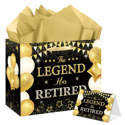 HSKMAKE Black Gold Retirement Gift Bag The Legend Has Retired Large Gift Bag with Greeting Card Gold Tissue Paper for Women Men Coworker Farewell Going Away Party Favors Decorations Supplies