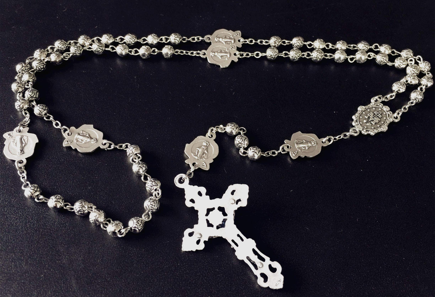 elegantmedical HANDMADE Silver rose beads Catholic 5 DECADE Rosary case Cross Gift Box Italy crucifix cross