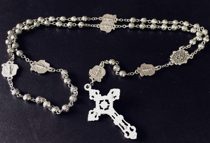 elegantmedical HANDMADE Silver rose beads Catholic 5 DECADE Rosary case Cross Gift Box Italy crucifix cross