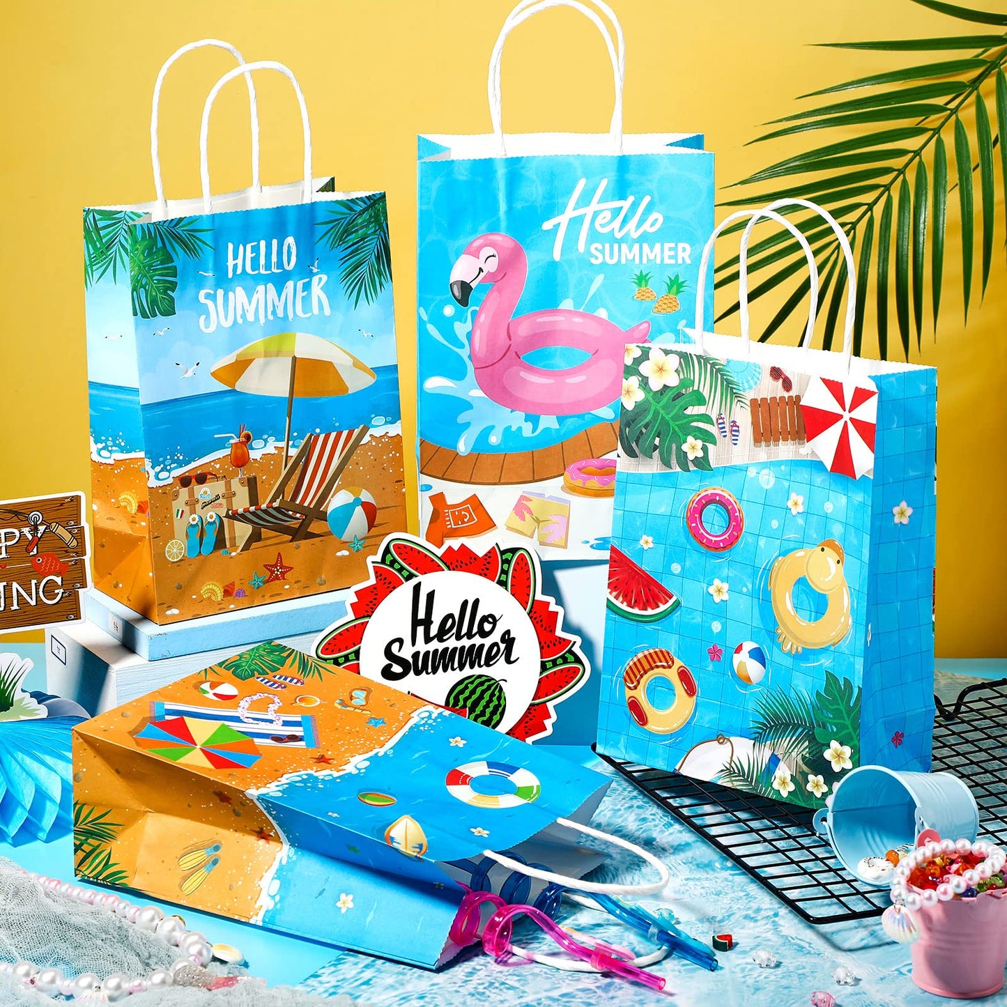 Pajean Beach Party Paper Bags, Summer Pool Goodie Candy Gift Treat Bags for Luau Tropical Beach Party Favors Supplies