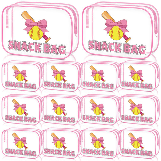 12 Pcs Softball Party Favors Pink Bow Softball Snack Bags Bulk Sport Gifts for Girls Team Soft Ball Goodie Bags Treat Clear Gift Bag for Girls Birthday Back to School, 7.87 x 5.9 x 2.36 Inch