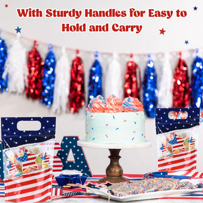Fuutreo 50 Pcs 250th Anniversary Bags Patriotic Clear Sealed Pouches with Handles Resealable 4th of July Plastic Gift Bag for Independence Day Memorial Labor Day Candy Gift Wrap Supplies Decoration