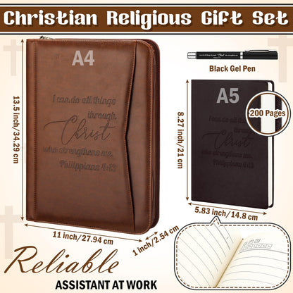 Fuyoooo 3 Pcs Father's Day Christian Gifts for Church Men Pastor's Appreciation Gifts Leather Bible Verse Portfolio Scripture Notebook Bible Pen Religious Coworkers Pastor(Philippians 4:13)