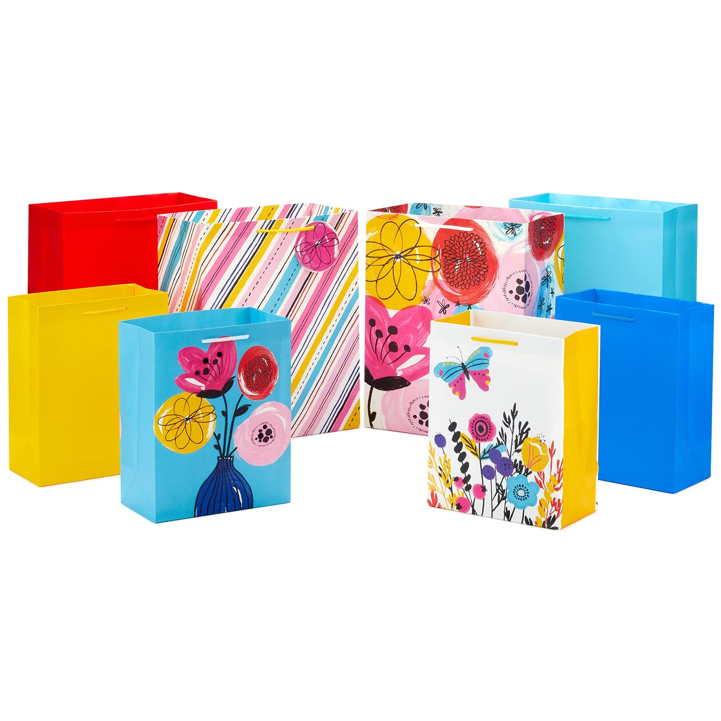 Hallmark Assorted All Occasion Gift Bags (8 Bags: 4 Medium 9", 4 Large 13") Flowers, Butterfly, Stripes, Solids for Easter, Birthdays, Bridal Showers, Mother's Day