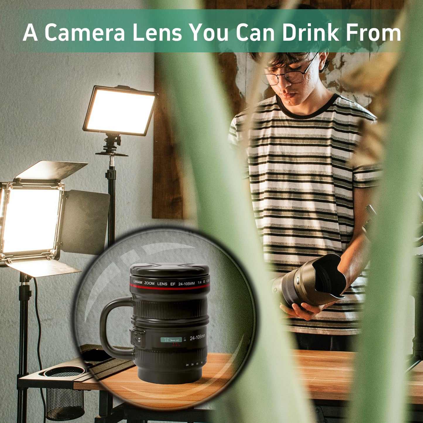 Cabtnca 16Oz Camera Lens Coffee Mug, Cool Photography Gifts for Photographers Christmas, Funny Ceramic Coffee Mug with Lid and Handle