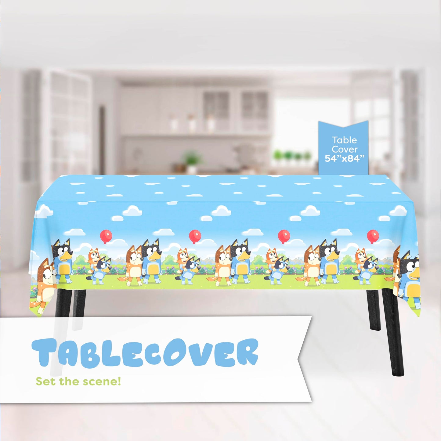 Unique Bluey Birthday Party Supplies and Decorations - Bluey Tablecover, Plates, Cups, Napkins, Button
