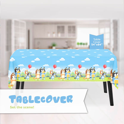 Unique Bluey Birthday Party Supplies and Decorations - Bluey Tablecover, Plates, Cups, Napkins, Button