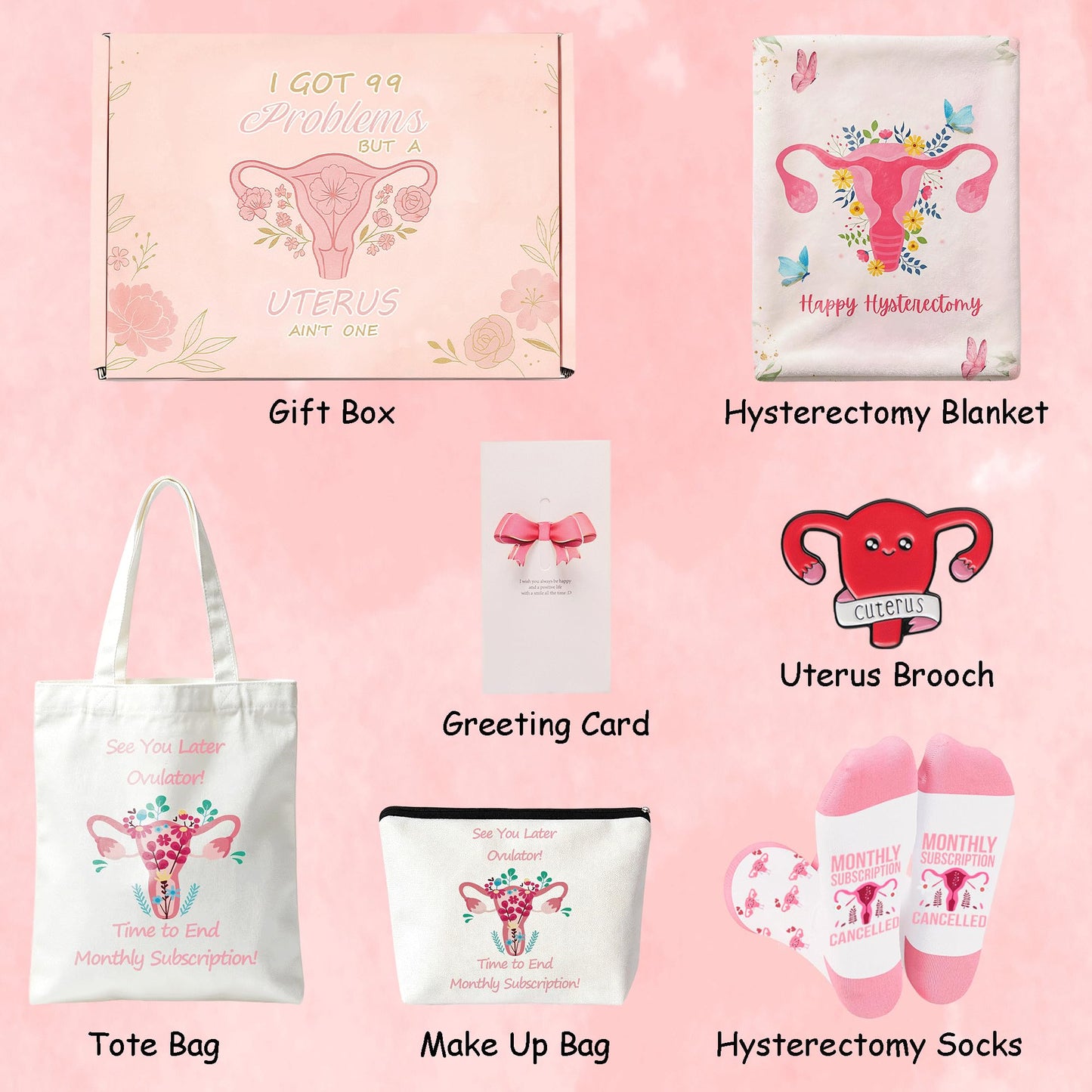 Hysterectomy Gifts for Women, 7pcs Uterus Gift Set,After Hysterectomy Recovery Blanket ,Encouraging Present With Tote Bag,Novelty Socks,Make Up Bag,Brooch,Stickers