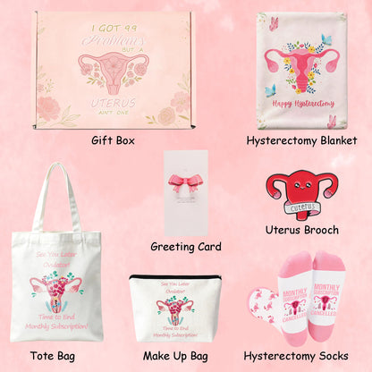 Hysterectomy Gifts for Women, 7pcs Uterus Gift Set,After Hysterectomy Recovery Blanket ,Encouraging Present With Tote Bag,Novelty Socks,Make Up Bag,Brooch,Stickers