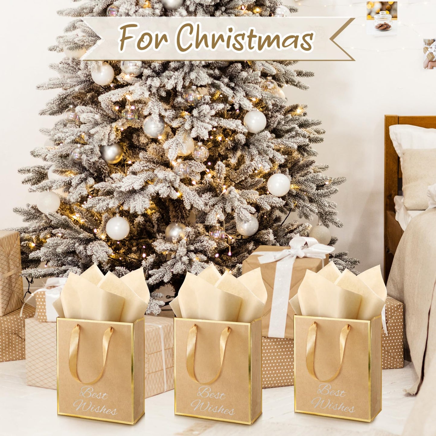 Yeaqee 10 Pack Metallic Paper Gift Bags with Handle Tissue Paper Thank You 5 Senses Gift Bag for Birthday Wedding Baby Shower Groomsmen Bridal Graduation Party Favor 9 x 7 x 3.15''(Kraft,Gold)