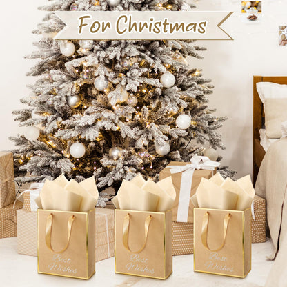 Yeaqee 10 Pack Metallic Paper Gift Bags with Handle Tissue Paper Thank You 5 Senses Gift Bag for Birthday Wedding Baby Shower Groomsmen Bridal Graduation Party Favor 9 x 7 x 3.15''(Kraft,Gold)