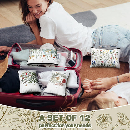 Sweetude 12 Pcs Spring Flowers Makeup Bag Bulk Portable Travel Cosmetic Bags with Zipper Wildflower Floral Waterproof Roomy Travel Beauty Toiletry Organizer Storage Pouch for Women Spring Gifts