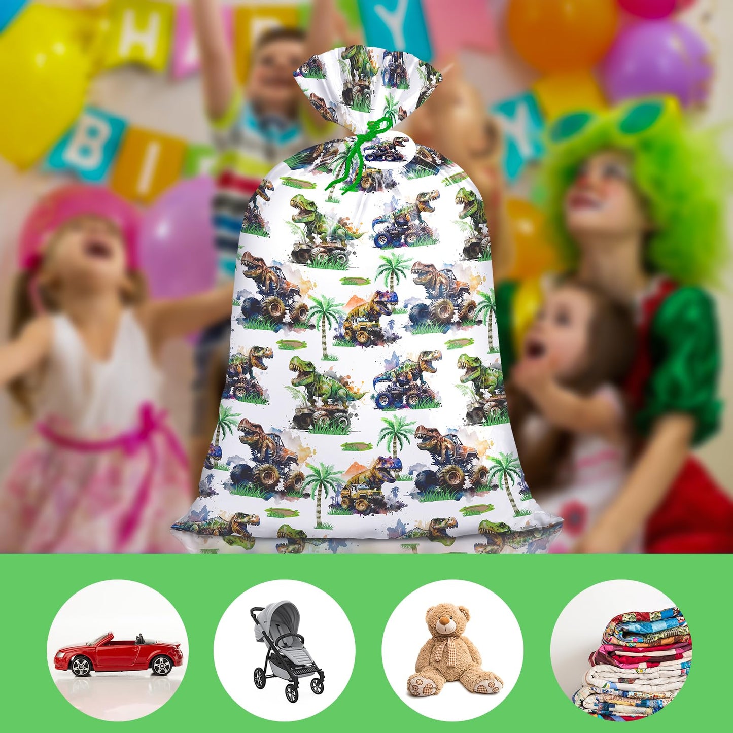 Loveinside Jumbo Large Plastic Gift Bag, Dinosaur with Tropical Monster Truck Design Design Plastic Bag with Tag and Tie for Boys' Birthday Party Gifts and Celebration - 56" x 36", 1 Pcs