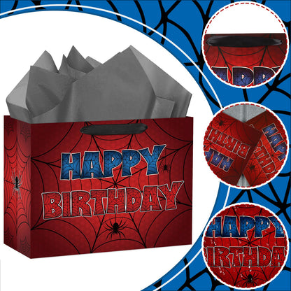 Hooqict Spider Gift Bag Happy Birthday Gift Wrapping Bag with Handles, Tissue Paper, Greeting Card for Kids Boys Teens Men Goodie Candy Treat Gift Box Spider Web Birthday Party Favors