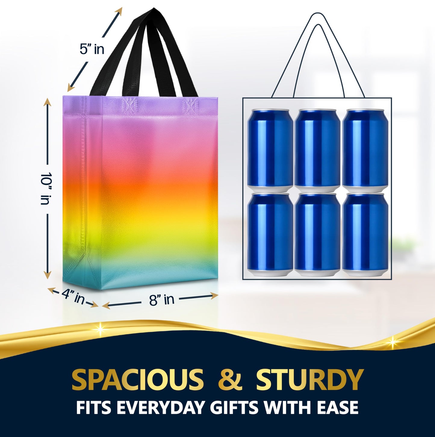 Nush Nush Rainbow Gift Bags in 3 Colorful Design - Set of 12 Reusable Gradient Gift Bags With Handles - Ideal Goodie Bag for Birthday Party Favors, Thanksgiving, Holiday, Kids Party - 8"x4"x10"