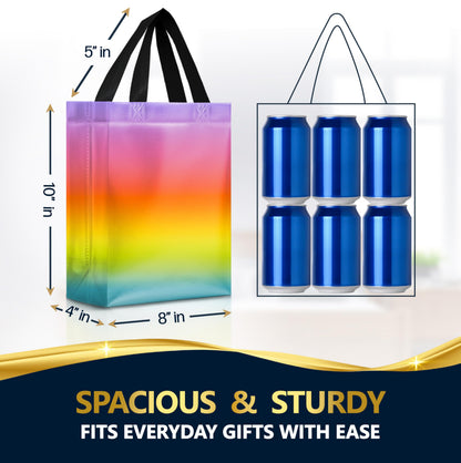Nush Nush Rainbow Gift Bags in 3 Colorful Design - Set of 12 Reusable Gradient Gift Bags With Handles - Ideal Goodie Bag for Birthday Party Favors, Thanksgiving, Holiday, Kids Party - 8"x4"x10"